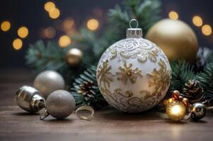 Elegant Christmas Ornaments and Evergreen Branches on a Wooden Surface photo