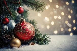 Christmas Tree Ornaments on Snow with Sparkling Lights Holiday Decor photo