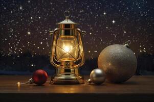 Glowing Lantern with Christmas Ornaments Under Starry Night for Holiday Season photo