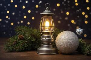 Glowing Lantern with Christmas Ornaments and Pine Branches Holiday Still Life photo