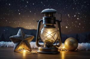 Vintage Lantern with Star Ornament on Wooden Table at Night photo