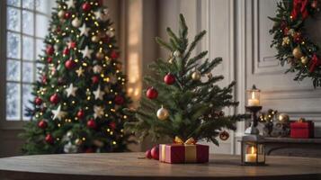 Decorated Christmas Trees and Holiday Gifts Inside Cozy Home Setting photo
