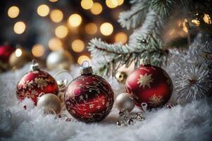 Festive Christmas Ornaments and Lights on Fluffy White Background Display photo