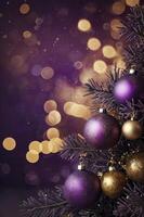 Decorated Christmas Tree with Purple and Gold Ornaments and Bokeh Lights photo