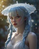 Woman Holding Decorative Parasol with Blue Hair in Dreamy Setting photo