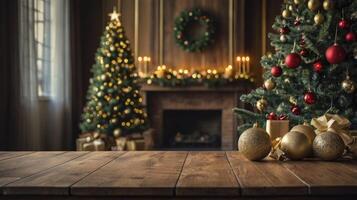 Festive Christmas Scene with Decorated Trees and Wooden Table photo