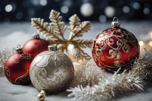 Decorated Christmas Ornaments with Snowflake and Lights for Holiday Season photo