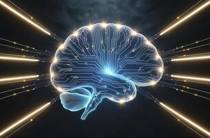 Digital Brain with Glowing Circuitry and Connection Beams Technology Concept photo