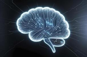Glowing Brain Circuit Board Design on Dark Background Represents Neural Networks photo