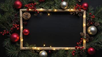 Christmas Ornament Frame with Pine Berries and Festive Lights Background photo