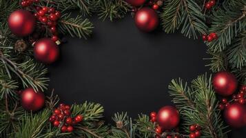 Christmas Ornament and Evergreen Frame Background for Holiday Greetings photo