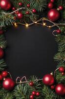 Festive Christmas Ornament Frame with Evergreen Branches and Lights photo