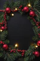 Christmas Wreath with Ornaments and Lights on Dark Background for Text photo