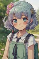 Smiling Anime Girl with Flowers and Backpack in Garden Setting photo