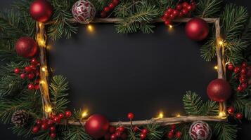 Christmas Garland Frame with Lights and Red Ornaments on Dark Background photo