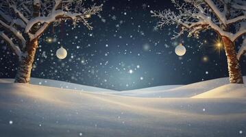 Winter Snow Scene with Decorated Trees and Falling Snowflakes photo