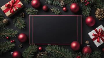 Christmas Decoration with Presents, Ornaments, and Empty Frame for Message photo