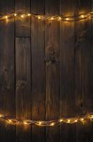String Lights Frame Dark Wooden Background for Holiday or Festive Use photo