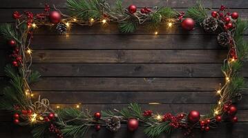 Festive Christmas Decoration Frame with Lights on Rustic Wood Table photo
