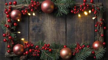 Creating Festive Christmas Background with Ornaments and Berries on Wood photo
