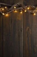 Wooden Background with String Lights and Twigs for Festive Decoration photo