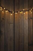 Rustic Wood Background with Glowing String Lights for Festive Decoration photo