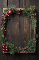 Christmas Garland Border with Wooden Frame, Red Ornaments and Dark Wood photo