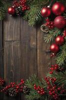 Christmas Decoration on Wood with Pine Branches and Red Ornaments photo