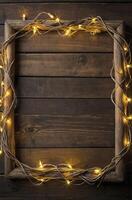 Wooden Frame with Illuminated String Lights Against Rustic Wood Backdrop photo