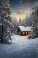 Cozy Cabin in Snowy Winter Forest with Warm Glowing Windows photo