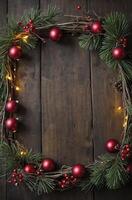Christmas Wreath with Red Ornaments on Rustic Wooden Background for Holiday Projects photo