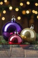 Festive Christmas Ornaments Arrangement with Bokeh Lights on Wooden Surface photo