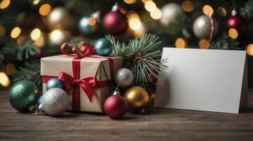 Christmas Gift with Ornament Balls and Blank Card on Wooden Table photo