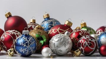 Assorted Christmas Ornaments Arranged Together Featuring Various Colors and Designs photo