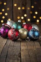 Colorful Christmas Ornaments on Rustic Wood with Festive Bokeh Lights photo