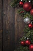 Christmas Ornaments and Pine Boughs on Dark Rustic Wood Background photo