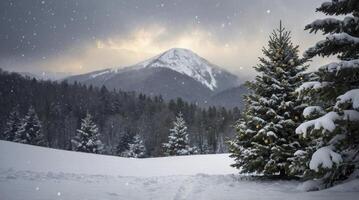 Snowy Winter Landscape with Decorated Christmas Trees and Mountain Backdrop photo