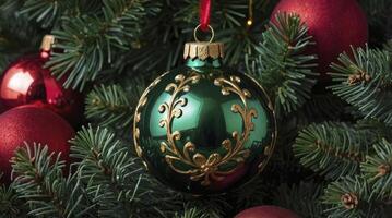 Close-up of Christmas Ornaments on Evergreen Tree Branches for Festive Decoration photo