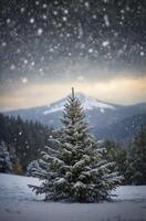 Snow Falling on Decorated Christmas Tree in Winter Mountain Landscape photo