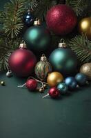 Christmas Ornaments on Green Background with Pine Bough and String photo
