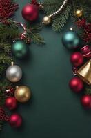 Festive Christmas Ornaments and Pine Branches on Green Background for Holiday Season photo