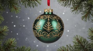 Hanging Christmas Ornament with Green and Gold Design on Festive Backdrop photo