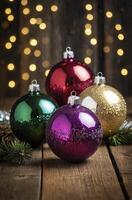Festive Christmas Ornaments Still Life with Bokeh Lights Background photo