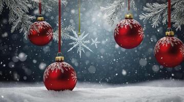Hanging Christmas Ornaments with Falling Snowflakes on Winter Background photo