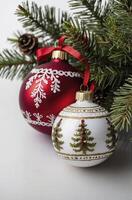 Festive Christmas Ornaments with Evergreen Branch and Pinecone Decoration photo