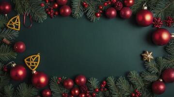 Festive Christmas Ornament Frame with Evergreen Branches and Berries photo