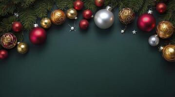 Arrangement of Christmas Ornaments with Pine Branches on Dark Green Background photo