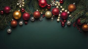 Christmas Ornaments and Pine Branches on Dark Green Background Holiday Decor photo