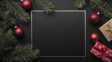 Christmas Frame with Ornaments and Gift Boxes on Black Background photo