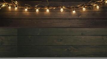 String Lights Glowing on Rustic Wooden Wall for Festive Decoration photo